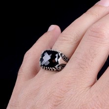 Takı925 Siyah Renk Zirkon Taşlı Kare Model Gümüş Erkek Yüzük