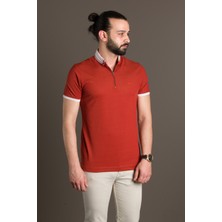 Zeki Özer Erkek Kiremit Fermuarlı Polo Yaka T-Shirt