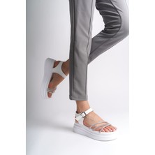 Mevese EVA Kalın Tokalı Taşlı Şeritli Ortopedik Taban Kadın Sandalet BT Beyaz