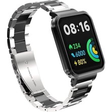 Megafox Teknoloji Xiaomi Redmi Watch 2 Lite Uyumlu Kordon Paslanmaz Baklalı Klipsli Metal Kayış, Gümüş-Siyah