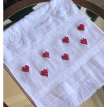Hobimark Trend Kırmızı Kalp Desenli Etamin Mutfak Havlusu, Kadife Jakarlı 30X50 El Yapımı Çeyizlik
