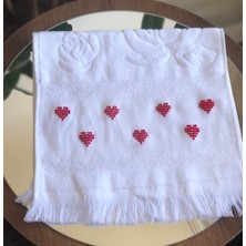 Hobimark Trend Kırmızı Kalp Desenli Etamin Mutfak Havlusu, Kadife Jakarlı 30X50 El Yapımı Çeyizlik