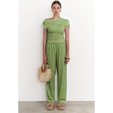 Yakamel Kadın Bol Paça Dokulu Yazlık Palazzo Pantolon