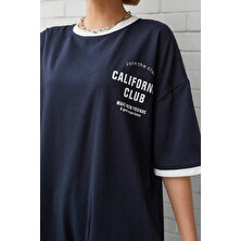 Only Trend Wear Unisex Lacivert Yaka Kol Detaylı California Club Baskılı Oversize T-Shirt