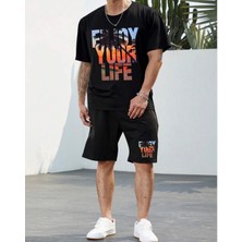 Amor Man Büyük Beden Enjoy Your Life Baskılı Oversize Erkek T-Shırt Şort Takımı