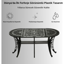 Ceritti Ferforje Görünümlü Plastik Siyah Masa ve Sandalye, Bahçe, Balkon ve Dış Mekanda Kullanılabilir, 2 Yıl Garantili, 150KG Taşıma Kapasiteli, Plastik Oval Masa ve Sandalye Takımı