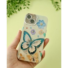 Paladyum Case iPhone 15 Plus Uyumlu Lens Korumalı Simli Kelebekli Çiçekli Kılıf