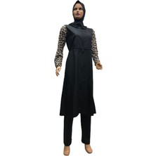 Eflin Kadın Giyim Siyah-Kahve-Krem Leopar Tam Kapalı Tesettür Mayo Bone Dahil Büyük Bedenli