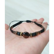 Funny Takı Obsidyen ve Hematit Doğaltaşlı Kahverengi Siyah Tila Unisex Bileklik