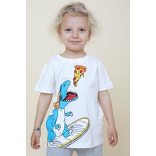 Breeze Erkek Çocuk Tişört Pizza Yiyen Mutlu Dinozor Baskılı 2-6 Yaş, Ekru