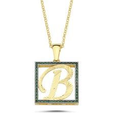Kayra Mücevher B Harfli  Yeşil Taşlı 14 Ayar Altın Kaplama Kolye