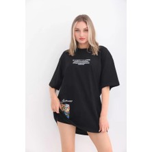 Guzzy Bisiklet Yaka Baskılı Oversize T-Shirt - Siyah