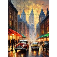 Tablomega Ahşap Mdf Puzzle Yapboz Retro Arabalar ve Şehir 120 Parça 25*35 cm