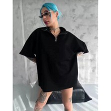 Fi Labels Unisex Yarım Fermuarlı Düz Oversize T-Shirt - Siyah