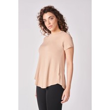 Defy's Kadın Oversize Bisiklet Yaka Kısa Kollu Tişört Vizon