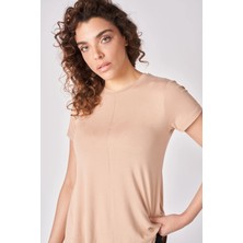 Defy's Kadın Oversize Bisiklet Yaka Kısa Kollu Tişört Vizon