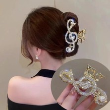Herşey Nota Sol Anahtar Kelebek Notalı Taşlı Model Gold Metal Mandal Toka Gold Mandal Saç Tokası