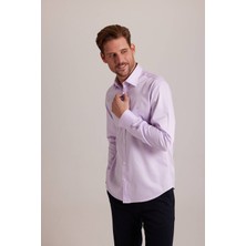 Ysf Erkek Lila Düz Slim Fit Uzun Kol Saten Gömlek