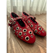 Eataly Shoes Kuş Gözü Kırmızı Toka Detaylı Babet