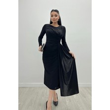 Giyimmasalı Jarse Kumaş Drapeli Taş Detaylı Elbise - Siyah