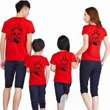 KİDS FACE Pandalar Sırt Baskılı Pamuk Anne-Baba-Çocuk Kombini T-Shırt
