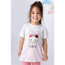 Mininio Kız Çocuk Tavşan Baskılı 3 Boyutlu Çiçekli T-Shirt