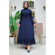 Bym Fashion Etek Ucu Piliseli Dantel Görünümlü Kuşaklı Elbise 3890 Lacivert