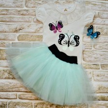 Diji Baby 9-12-18 Ay Payetli Kelebek Nakışlı Taçlı Kısa Kollu Tütü Etek 3lü Kız Bebek Takımı