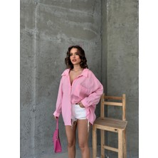 Trendseninle Kadın Pembe Düz Oversize Modal Gömlek