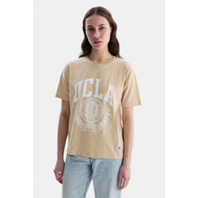 Ucla Avalon Kahve Bisiklet Yaka Baskılı %100 Pamuk Loose Fit Kadın Tshirt