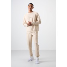 Air Jones Bej Pamuklu Kalın Yumuşak Dokulu Comfort Fit Baskılı Erkek Eşofman Takım - 85253