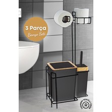 Grimor Life Ahşap Desenli Metal Standlı Yedekli Wc Kağıtlık Banyo Seti Siyah