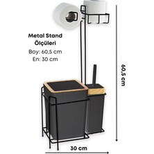 Grimor Life Ahşap Desenli Metal Standlı Yedekli Wc Kağıtlık Banyo Seti Siyah