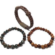 Janti JTSS24KOB1457 Deri - Ceyt - Hematit Doğaltaş Mazı Ağacı Kombin Bileklik