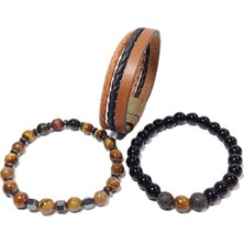 Janti JTSS24KOB1455 Deri - Kaplangözü - Onyx - Lav - Hematit Doğaltaş Kombin Bileklik