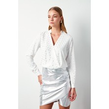 Sateen Parlak Puantiye Desenli  Bluz - Ekru