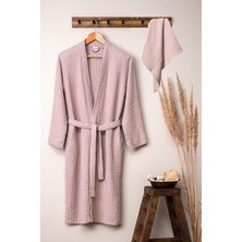 Unisex Kimono Müslin Bornoz + Havlu Seti Pudra