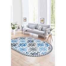 Napoli Home Dijital Kaymaz Yıkanabilir Modern Desen Oval Yolluk Mutfak Salon Halısı, N-O-Modern-14-Mavi,