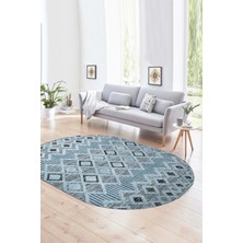 Napoli Home Dijital Kaymaz Yıkanabilir Modern Desen Oval Yolluk Mutfak Salon Halısı, N-O-Modern-67-Mavi,