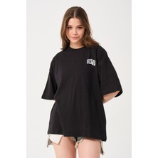 Owut Lacivert Bisiklet Yaka Owut Baskı Detaylı Oversize T-Shirt