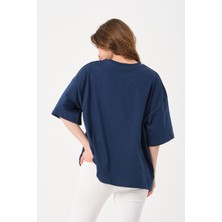 Owut Lacivert Bisiklet Yaka Owut Baskı Detaylı Oversize T-Shirt