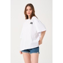 Owut Lacivert Bisiklet Yaka Owut Baskı Detaylı Oversize T-Shirt