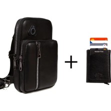 Newish Polo Erkek Siyah Deri Mekanizmalı Cüzdan ve Günlük Omuz Çantası newpolo077