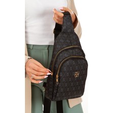 Newish Polo Kadın Siyah Deri Monogram Desenli Çapraz Bel Göğüs Ve Omuz Çantası newpolo218