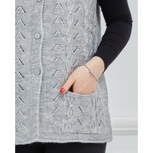 Stilmony Kadın Gri Zincir Örgü Cepli V Yaka Yün Anne Triko Yelek