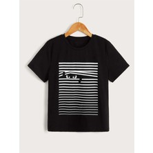 Hanclo Rahat Kalıp Pamuklu Çizgili Kedi Baskılı Çocuk T-Shirt