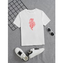 Hanclo Rahat Kalıp Pamuklu Baskılı Beyaz Çocuk T-Shirt