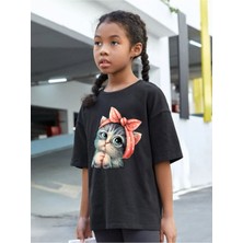 Hanclo Çocuk Oversize Tatlı Kedi Pamuklu Bisiklet Yaka T-Shirt