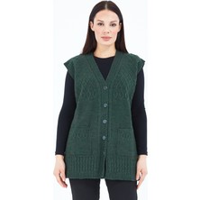 Stilmony Kadın Haki Yeşil Düğmeli Cepli Yün Anne Yelek