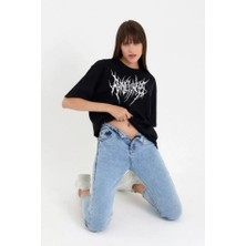 Babua Unisex Bisiklet Yaka Baskılı Oversize T-Shirt - Siyah